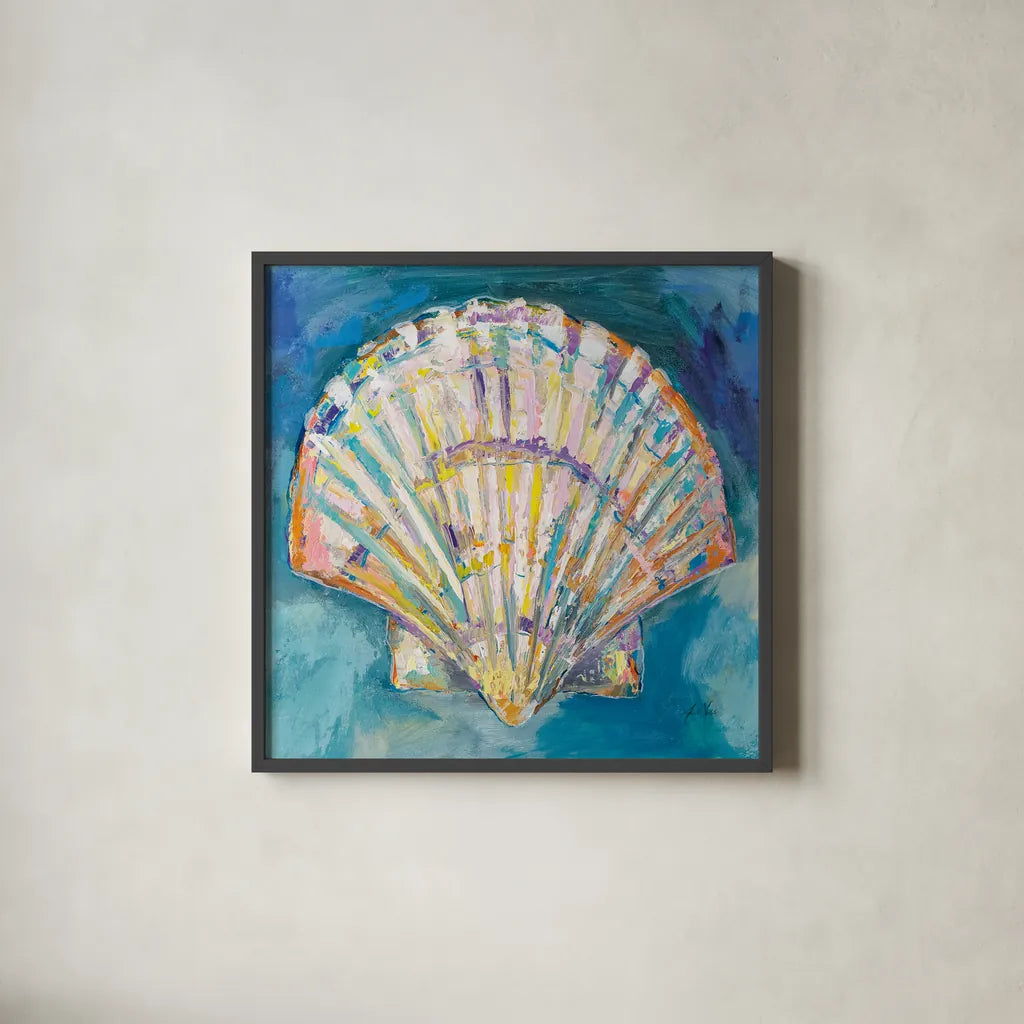 Scallop Shell Crop by Jeanette Vertentes. Shown in a sleek black glass frame for a contemporary gallery look. Available as an archival giclee rolled canvas, fine art paper, or poster print. SKU 69366a.