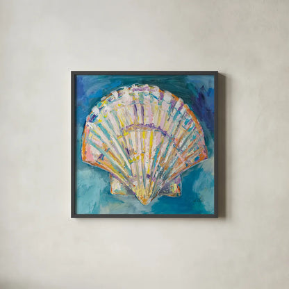 Scallop Shell Crop by Jeanette Vertentes. Shown in a sleek black glass frame for a contemporary gallery look. Available as an archival giclee rolled canvas, fine art paper, or poster print. SKU 69366a.