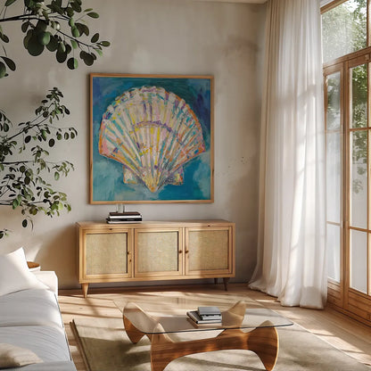 Scallop Shell Crop by Jeanette Vertentes. Shown in a natural wood frame in a cozy modern living room. Available as an archival giclee rolled canvas, fine art paper, or poster print. SKU 69366a.