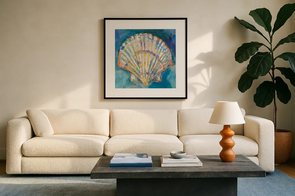 Scallop Shell Crop by Jeanette Vertentes. Displayed in a glass frame with matte in a clean modern living room. Available as an archival giclee rolled canvas, fine art paper, or poster print. SKU 69366a.