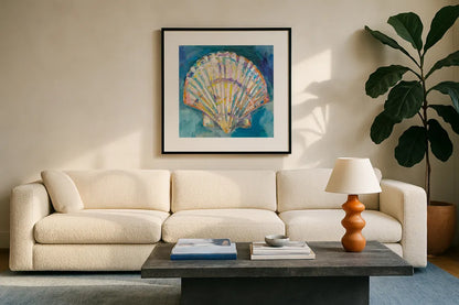 Scallop Shell Crop by Jeanette Vertentes. Displayed in a glass frame with matte in a clean modern living room. Available as an archival giclee rolled canvas, fine art paper, or poster print. SKU 69366a.