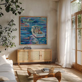 Sea La Vie by Jeanette Vertentes. Shown in a natural wood frame in a cozy modern living room. Available as an archival giclee rolled canvas, fine art paper, or poster print. SKU 85812a.