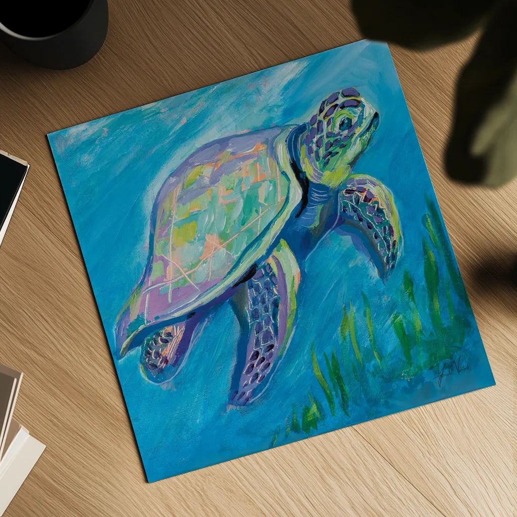 Sea Turtle Swim by Jeanette Vertentes. Shown as a detailed flat fine art print, highlighting archival giclee quality. Available as an archival giclee rolled canvas, fine art paper, or poster print. SKU 69368a.
