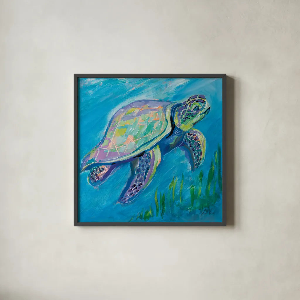 Sea Turtle Swim by Jeanette Vertentes. Shown in a sleek black glass frame for a contemporary gallery look. Available as an archival giclee rolled canvas, fine art paper, or poster print. SKU 69368a.