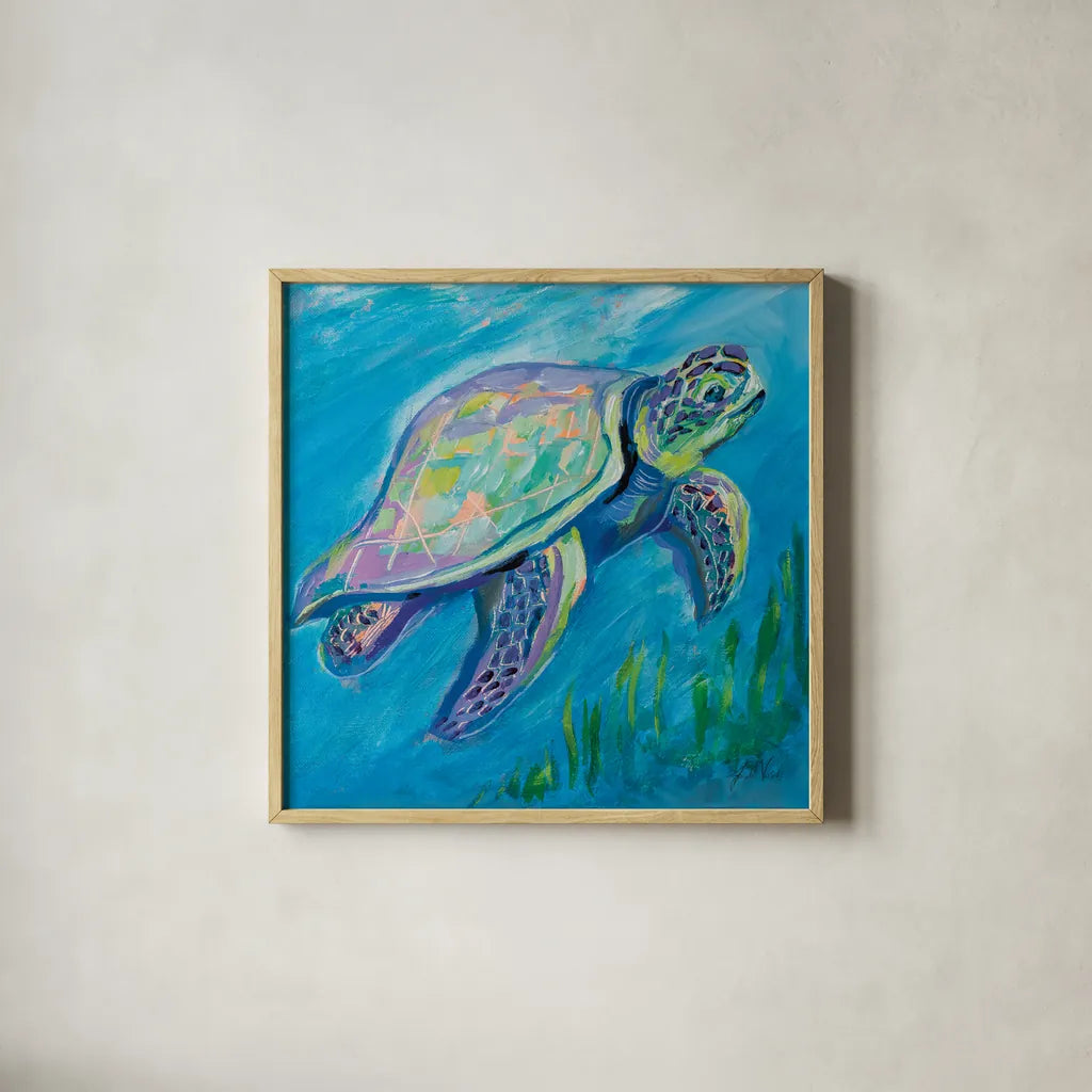 Sea Turtle Swim by Jeanette Vertentes. Shown in a natural wood glass frame for a timeless modern aesthetic. Available as an archival giclee rolled canvas, fine art paper, or poster print. SKU 69368a.