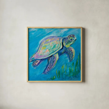 Sea Turtle Swim by Jeanette Vertentes. Shown in a natural wood glass frame for a timeless modern aesthetic. Available as an archival giclee rolled canvas, fine art paper, or poster print. SKU 69368a.