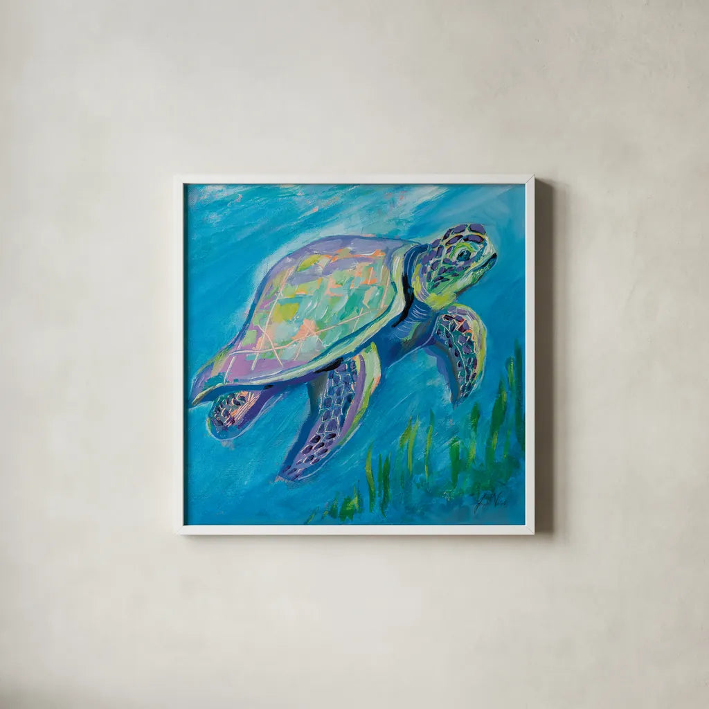 Sea Turtle Swim by Jeanette Vertentes. Shown in a crisp white glass frame for a clean and minimalist style. Available as an archival giclee rolled canvas, fine art paper, or poster print. SKU 69368a.