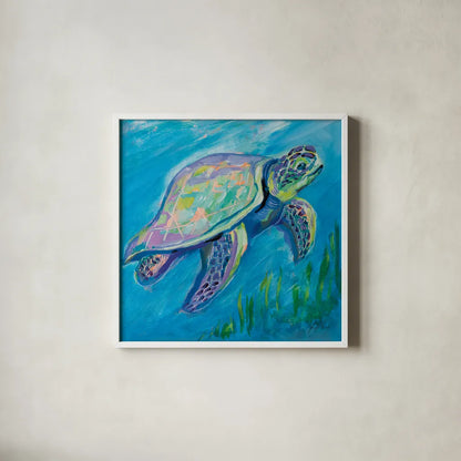 Sea Turtle Swim by Jeanette Vertentes. Shown in a crisp white glass frame for a clean and minimalist style. Available as an archival giclee rolled canvas, fine art paper, or poster print. SKU 69368a.