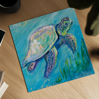 Sea Turtle Swim Light by Jeanette Vertentes. Shown as a detailed flat fine art print, highlighting archival giclee quality. Available as an archival giclee rolled canvas, fine art paper, or poster print. SKU 70068a.
