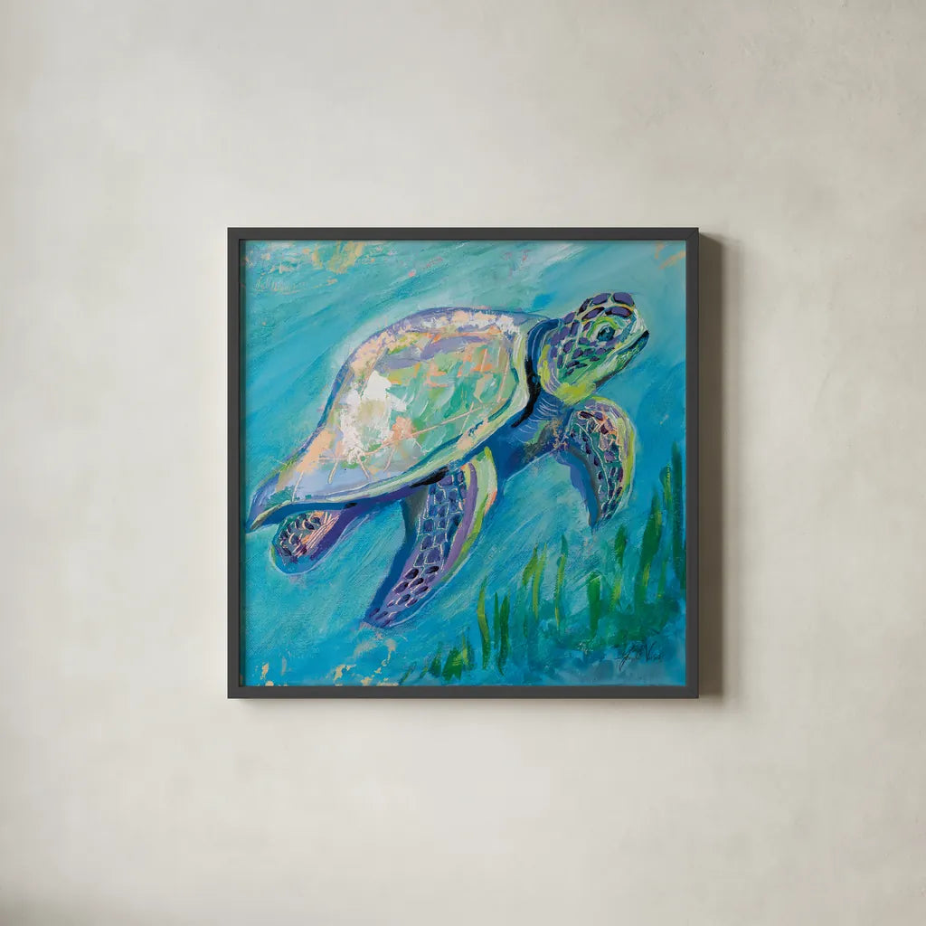 Sea Turtle Swim Light by Jeanette Vertentes. Shown in a sleek black glass frame for a contemporary gallery look. Available as an archival giclee rolled canvas, fine art paper, or poster print. SKU 70068a.