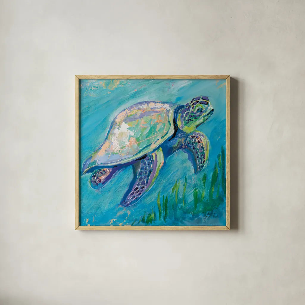 Sea Turtle Swim Light by Jeanette Vertentes. Shown in a natural wood glass frame for a timeless modern aesthetic. Available as an archival giclee rolled canvas, fine art paper, or poster print. SKU 70068a.