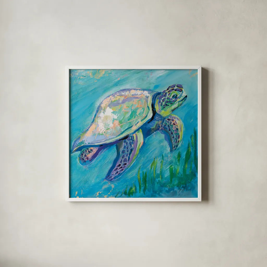Sea Turtle Swim Light by Jeanette Vertentes. Shown in a crisp white glass frame for a clean and minimalist style. Available as an archival giclee rolled canvas, fine art paper, or poster print. SKU 70068a.