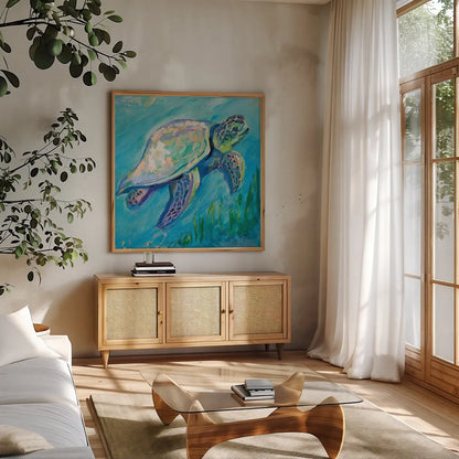 Sea Turtle Swim Light by Jeanette Vertentes. Shown in a natural wood frame in a cozy modern living room. Available as an archival giclee rolled canvas, fine art paper, or poster print. SKU 70068a.