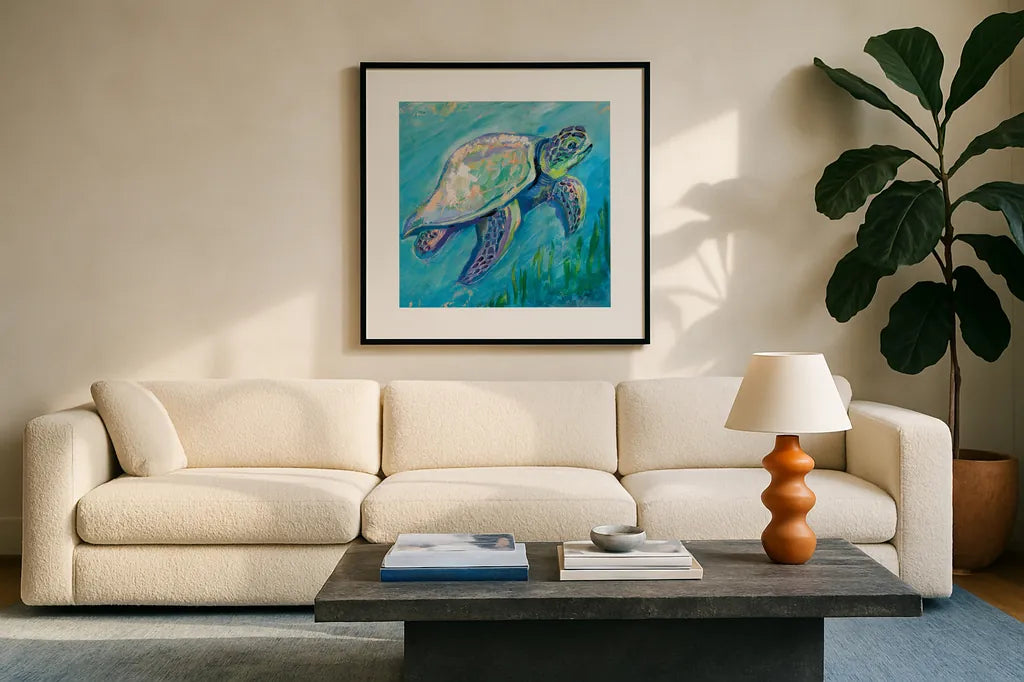 Sea Turtle Swim Light by Jeanette Vertentes. Displayed in a glass frame with matte in a clean modern living room. Available as an archival giclee rolled canvas, fine art paper, or poster print. SKU 70068a.
