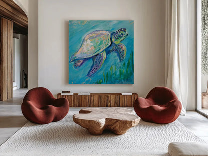 Sea Turtle Swim Light by Jeanette Vertentes. Shown as extra-large giant wall art in a modern living room. Available as an archival giclee rolled canvas, fine art paper, or poster print. SKU 70068a.