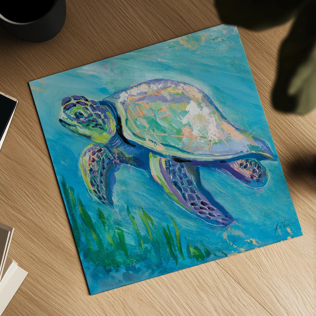 Sea Turtle Swim Light Flipped by Jeanette Vertentes. Shown as a detailed flat fine art print, highlighting archival giclee quality. Available as an archival giclee rolled canvas, fine art paper, or poster print. SKU 75514a.