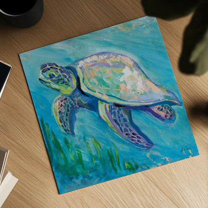 Sea Turtle Swim Light Flipped by Jeanette Vertentes. Shown as a detailed flat fine art print, highlighting archival giclee quality. Available as an archival giclee rolled canvas, fine art paper, or poster print. SKU 75514a.