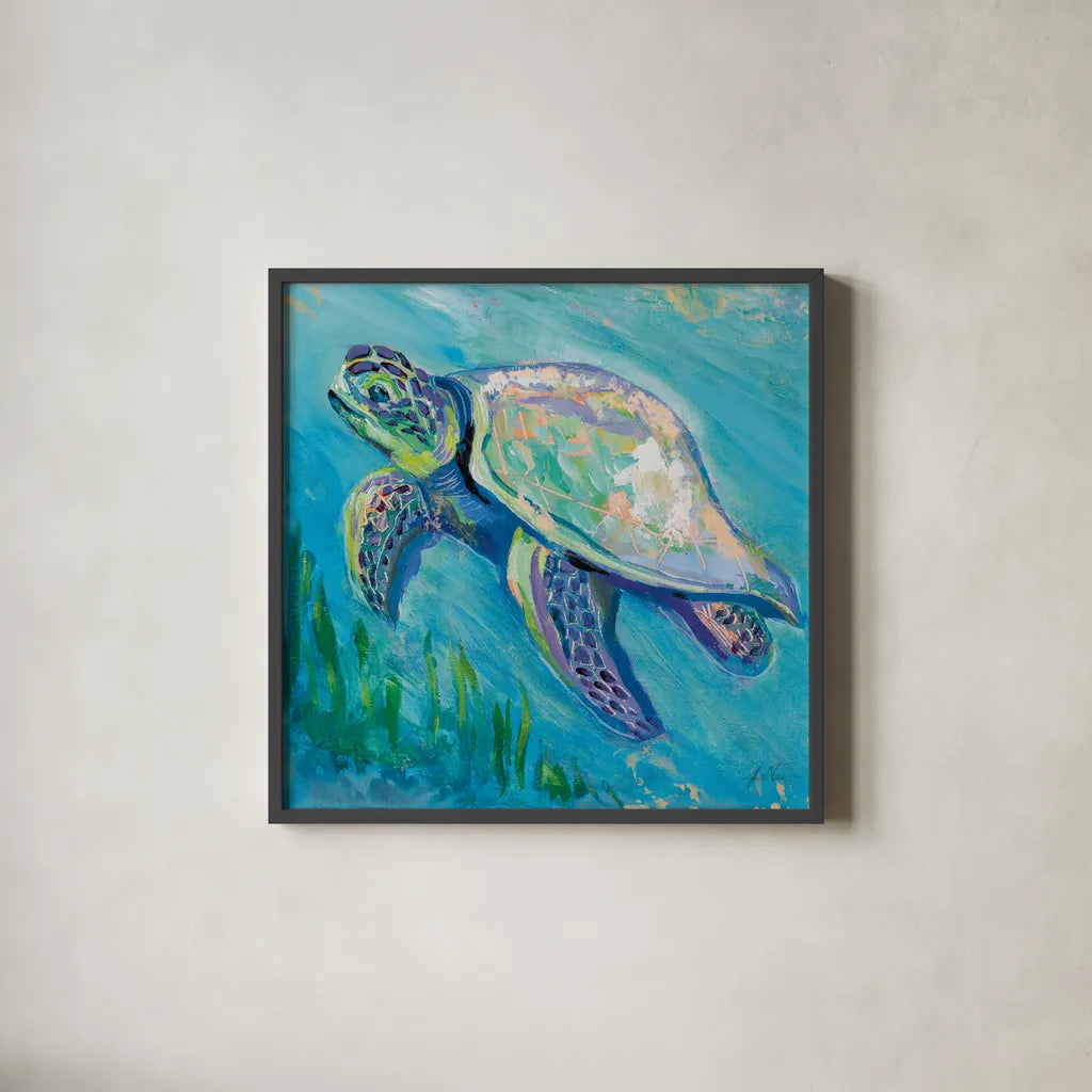 Sea Turtle Swim Light Flipped by Jeanette Vertentes. Shown in a sleek black glass frame for a contemporary gallery look. Available as an archival giclee rolled canvas, fine art paper, or poster print. SKU 75514a.