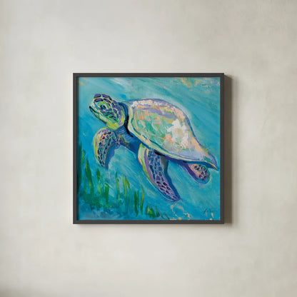 Sea Turtle Swim Light Flipped by Jeanette Vertentes. Shown in a sleek black glass frame for a contemporary gallery look. Available as an archival giclee rolled canvas, fine art paper, or poster print. SKU 75514a.