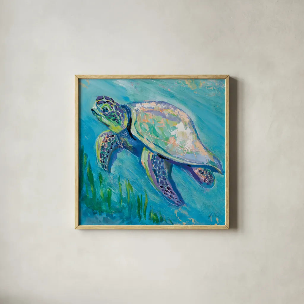 Sea Turtle Swim Light Flipped by Jeanette Vertentes. Shown in a natural wood glass frame for a timeless modern aesthetic. Available as an archival giclee rolled canvas, fine art paper, or poster print. SKU 75514a.
