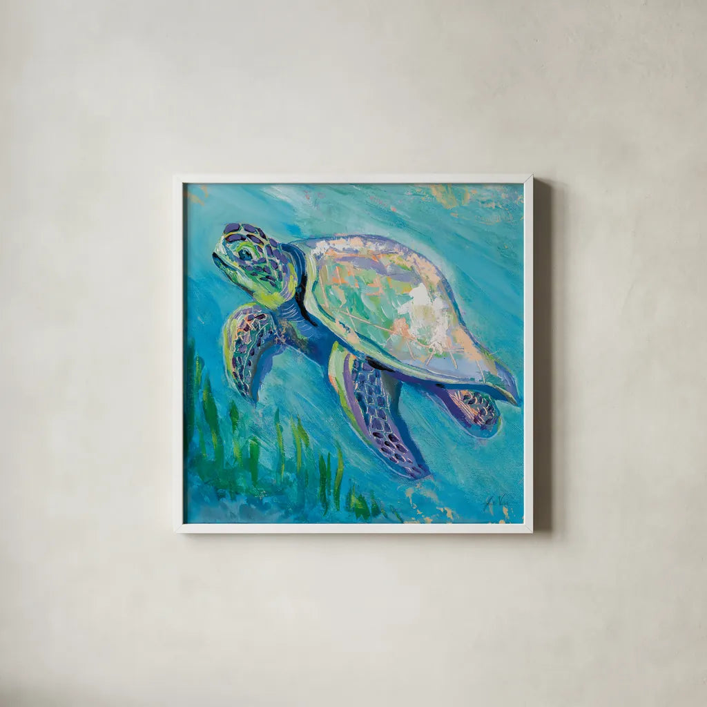 Sea Turtle Swim Light Flipped by Jeanette Vertentes. Shown in a crisp white glass frame for a clean and minimalist style. Available as an archival giclee rolled canvas, fine art paper, or poster print. SKU 75514a.