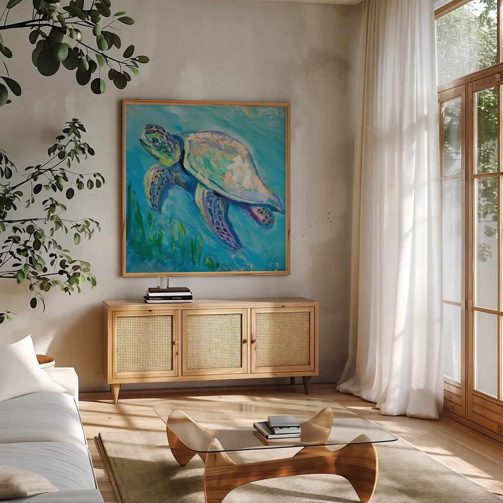 Sea Turtle Swim Light Flipped by Jeanette Vertentes. Shown in a natural wood frame in a cozy modern living room. Available as an archival giclee rolled canvas, fine art paper, or poster print. SKU 75514a.