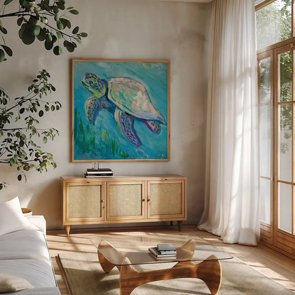 Sea Turtle Swim Light Flipped by Jeanette Vertentes. Shown in a natural wood frame in a cozy modern living room. Available as an archival giclee rolled canvas, fine art paper, or poster print. SKU 75514a.