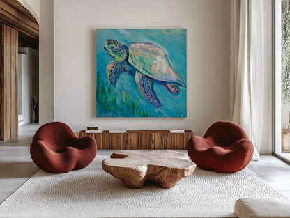Sea Turtle Swim Light Flipped by Jeanette Vertentes. Shown as extra-large giant wall art in a modern living room. Available as an archival giclee rolled canvas, fine art paper, or poster print. SKU 75514a.