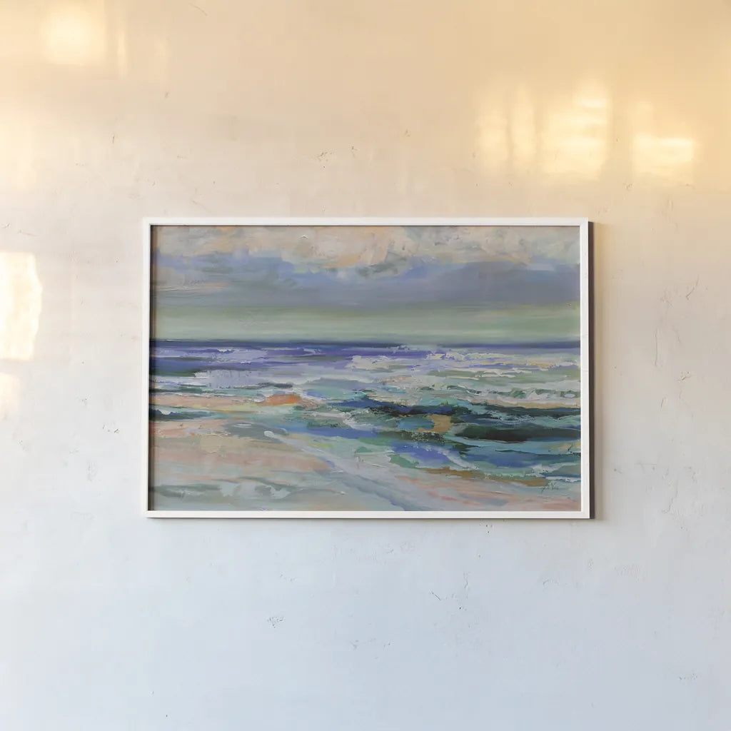Seaside Dance by Jeanette Vertentes. shown as a paper print in a white frame. Available as a archival giclee rolled canvas, fine art paper, or poster print. SKU 95743i.