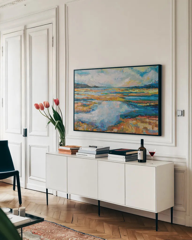 Serendipity by Jeanette Vertentes. shown as a framed stretched canvas in a living room above a console. Available as a archival giclee rolled canvas, fine art paper, or poster print. SKU 71518i.