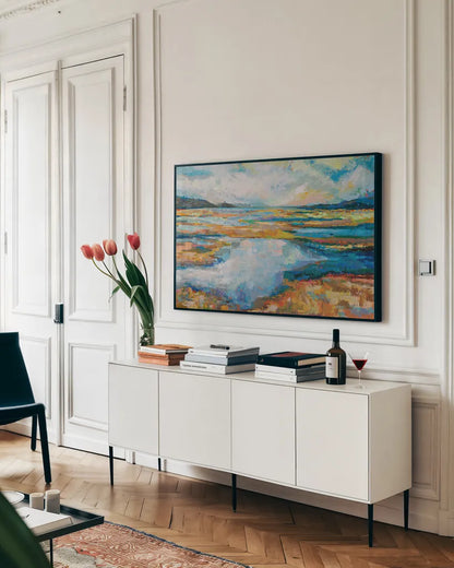 Serendipity by Jeanette Vertentes. shown as a framed stretched canvas in a living room above a console. Available as a archival giclee rolled canvas, fine art paper, or poster print. SKU 71518i.