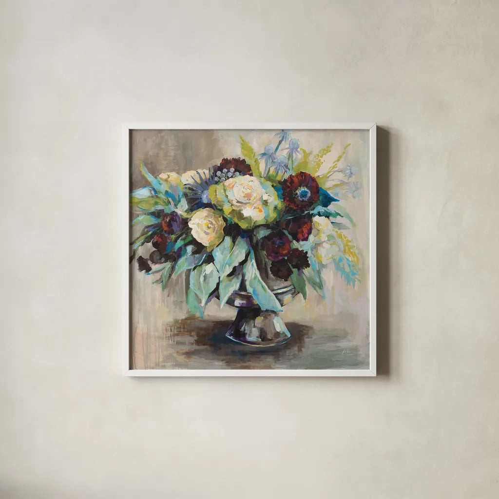 Serenity by Jeanette Vertentes. Shown in a crisp white glass frame for a clean and minimalist style. Available as an archival giclee rolled canvas, fine art paper, or poster print. SKU 49139a.