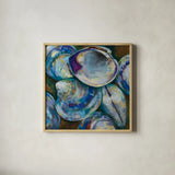 Shell Shuffle by Jeanette Vertentes. Shown in a natural wood glass frame for a timeless modern aesthetic. Available as an archival giclee rolled canvas, fine art paper, or poster print. SKU 72148a.
