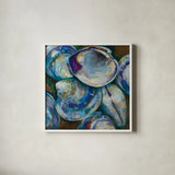 Shell Shuffle by Jeanette Vertentes. Shown in a crisp white glass frame for a clean and minimalist style. Available as an archival giclee rolled canvas, fine art paper, or poster print. SKU 72148a.