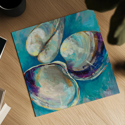 Shell Trio by Jeanette Vertentes. Shown as a detailed flat fine art print, highlighting archival giclee quality. Available as an archival giclee rolled canvas, fine art paper, or poster print. SKU 71517a.