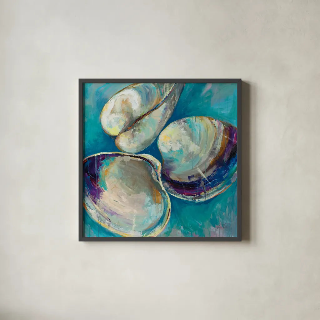 Shell Trio by Jeanette Vertentes. Shown in a sleek black glass frame for a contemporary gallery look. Available as an archival giclee rolled canvas, fine art paper, or poster print. SKU 71517a.
