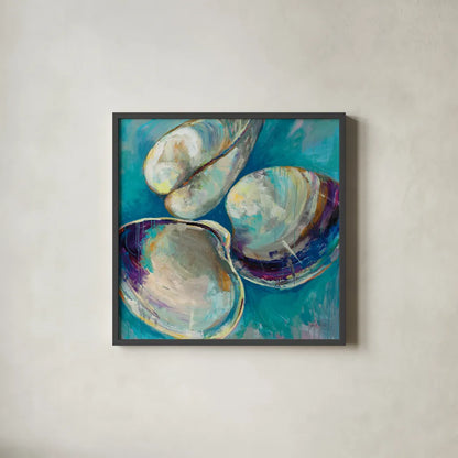 Shell Trio by Jeanette Vertentes. Shown in a sleek black glass frame for a contemporary gallery look. Available as an archival giclee rolled canvas, fine art paper, or poster print. SKU 71517a.