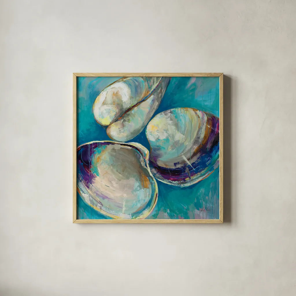 Shell Trio by Jeanette Vertentes. Shown in a natural wood glass frame for a timeless modern aesthetic. Available as an archival giclee rolled canvas, fine art paper, or poster print. SKU 71517a.