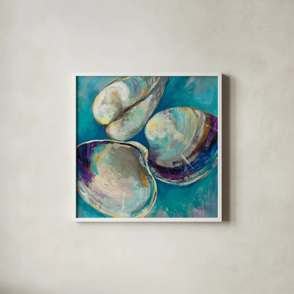 Shell Trio by Jeanette Vertentes. Shown in a crisp white glass frame for a clean and minimalist style. Available as an archival giclee rolled canvas, fine art paper, or poster print. SKU 71517a.