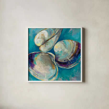 Shell Trio by Jeanette Vertentes. Shown in a crisp white glass frame for a clean and minimalist style. Available as an archival giclee rolled canvas, fine art paper, or poster print. SKU 71517a.