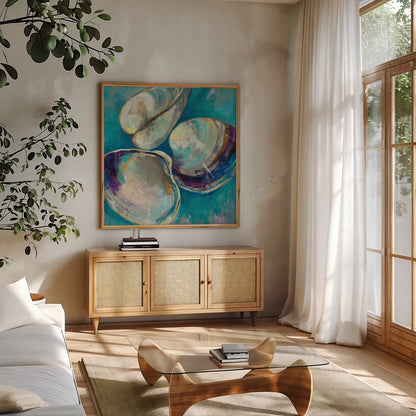 Shell Trio by Jeanette Vertentes. Shown in a natural wood frame in a cozy modern living room. Available as an archival giclee rolled canvas, fine art paper, or poster print. SKU 71517a.