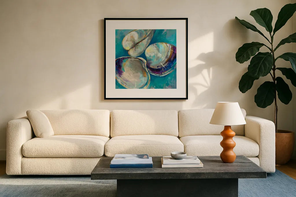 Shell Trio by Jeanette Vertentes. Displayed in a glass frame with matte in a clean modern living room. Available as an archival giclee rolled canvas, fine art paper, or poster print. SKU 71517a.