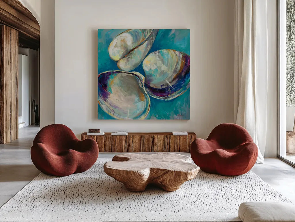 Shell Trio by Jeanette Vertentes. Shown as extra-large giant wall art in a modern living room. Available as an archival giclee rolled canvas, fine art paper, or poster print. SKU 71517a.