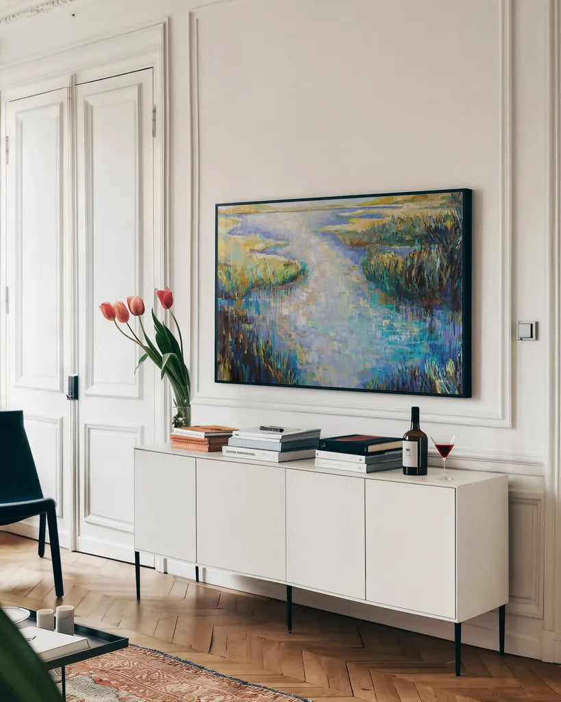 Shimmer Crop by Jeanette Vertentes. shown as a framed stretched canvas in a living room above a console. Available as a archival giclee rolled canvas, fine art paper, or poster print. SKU 72153i.