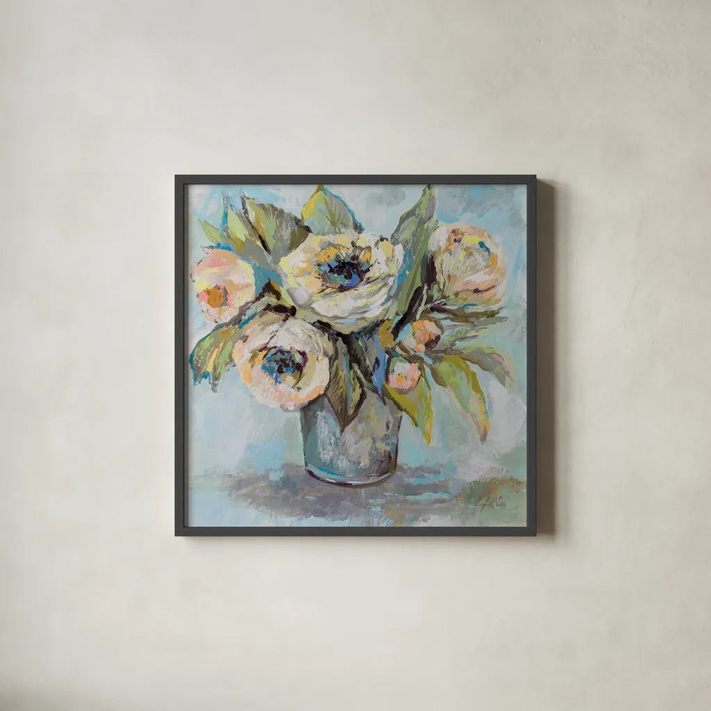 Soft Blooms by Jeanette Vertentes. Shown in a sleek black glass frame for a contemporary gallery look. Available as an archival giclee rolled canvas, fine art paper, or poster print. SKU 73212a.