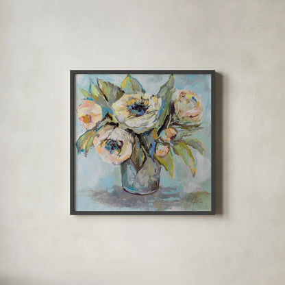 Soft Blooms by Jeanette Vertentes. Shown in a sleek black glass frame for a contemporary gallery look. Available as an archival giclee rolled canvas, fine art paper, or poster print. SKU 73212a.