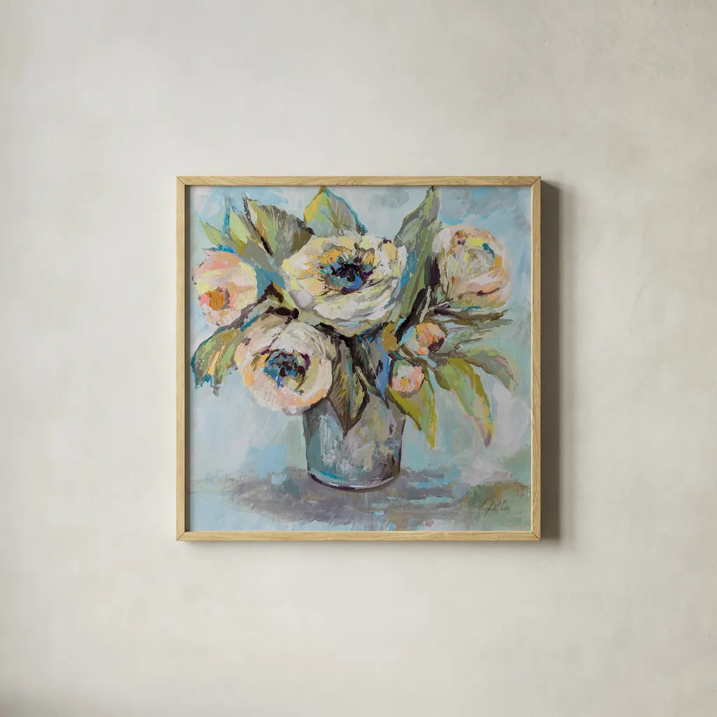 Soft Blooms by Jeanette Vertentes. Shown in a natural wood glass frame for a timeless modern aesthetic. Available as an archival giclee rolled canvas, fine art paper, or poster print. SKU 73212a.