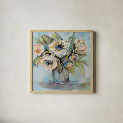 Soft Blooms by Jeanette Vertentes. Shown in a natural wood glass frame for a timeless modern aesthetic. Available as an archival giclee rolled canvas, fine art paper, or poster print. SKU 73212a.
