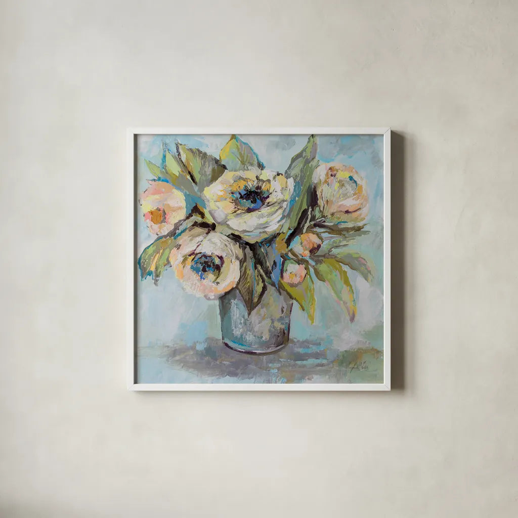 Soft Blooms by Jeanette Vertentes. Shown in a crisp white glass frame for a clean and minimalist style. Available as an archival giclee rolled canvas, fine art paper, or poster print. SKU 73212a.