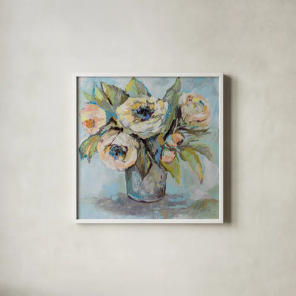 Soft Blooms by Jeanette Vertentes. Shown in a crisp white glass frame for a clean and minimalist style. Available as an archival giclee rolled canvas, fine art paper, or poster print. SKU 73212a.